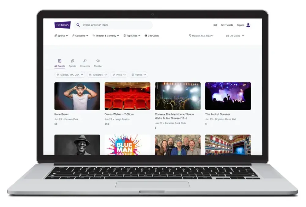 Laptop showing the homescreen of StubHub, a ticket and excursion booking website